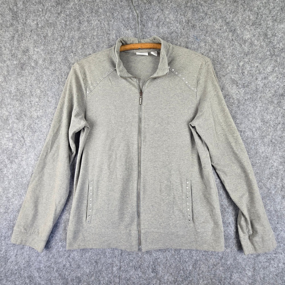 Weekends by Chico's Jacket Womens 0 XS Gray Full Zip Rhinestone Stretch Cotton